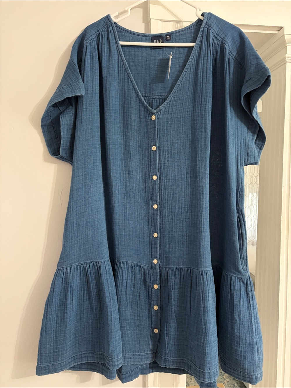 GAP Blue Button-Front V-Neck Tiered Mini Dress